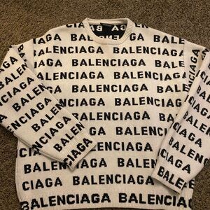 Balenciaga Cream and Black Logo Crewneck Sweater